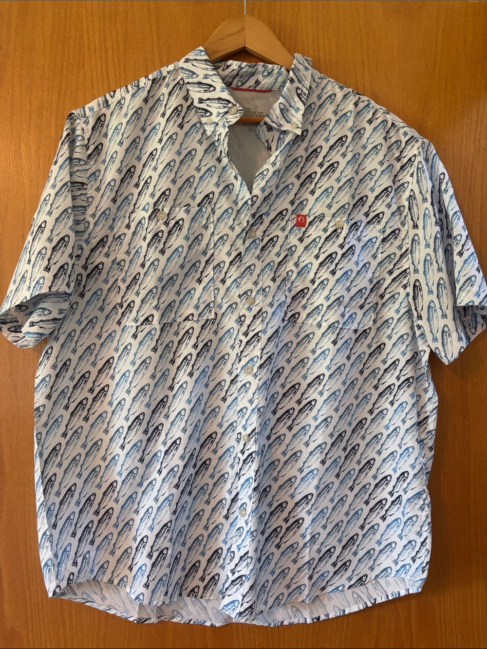 Men's Short-Sleeve Button-Down Shirt in White with Blue Fish Print
